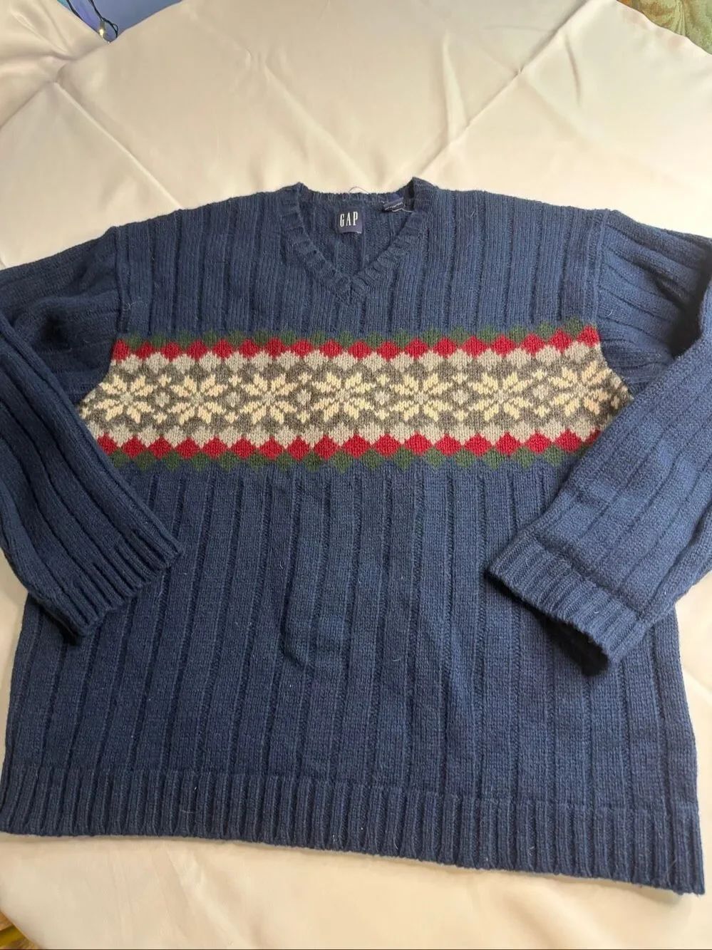 Gap Men’s Shetland Wool Vintage Navy Blue Fair Isle V Neck Sweater Size XXL